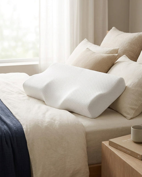 SideNest Contour Pillow on a made bed with linen bedding