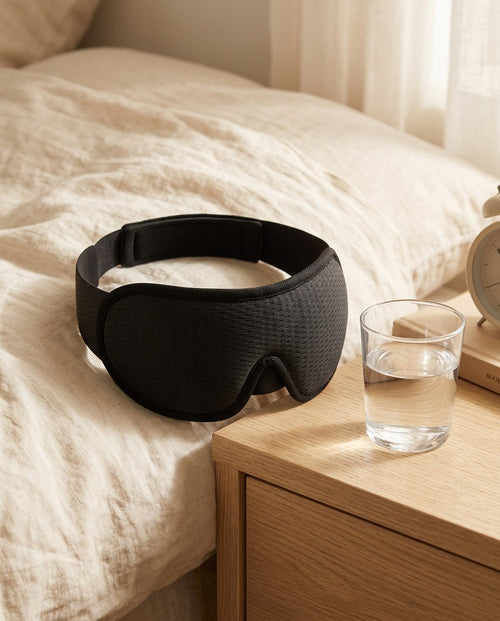 SideNest 3D Sleep Mask on a bed beside a glass of water