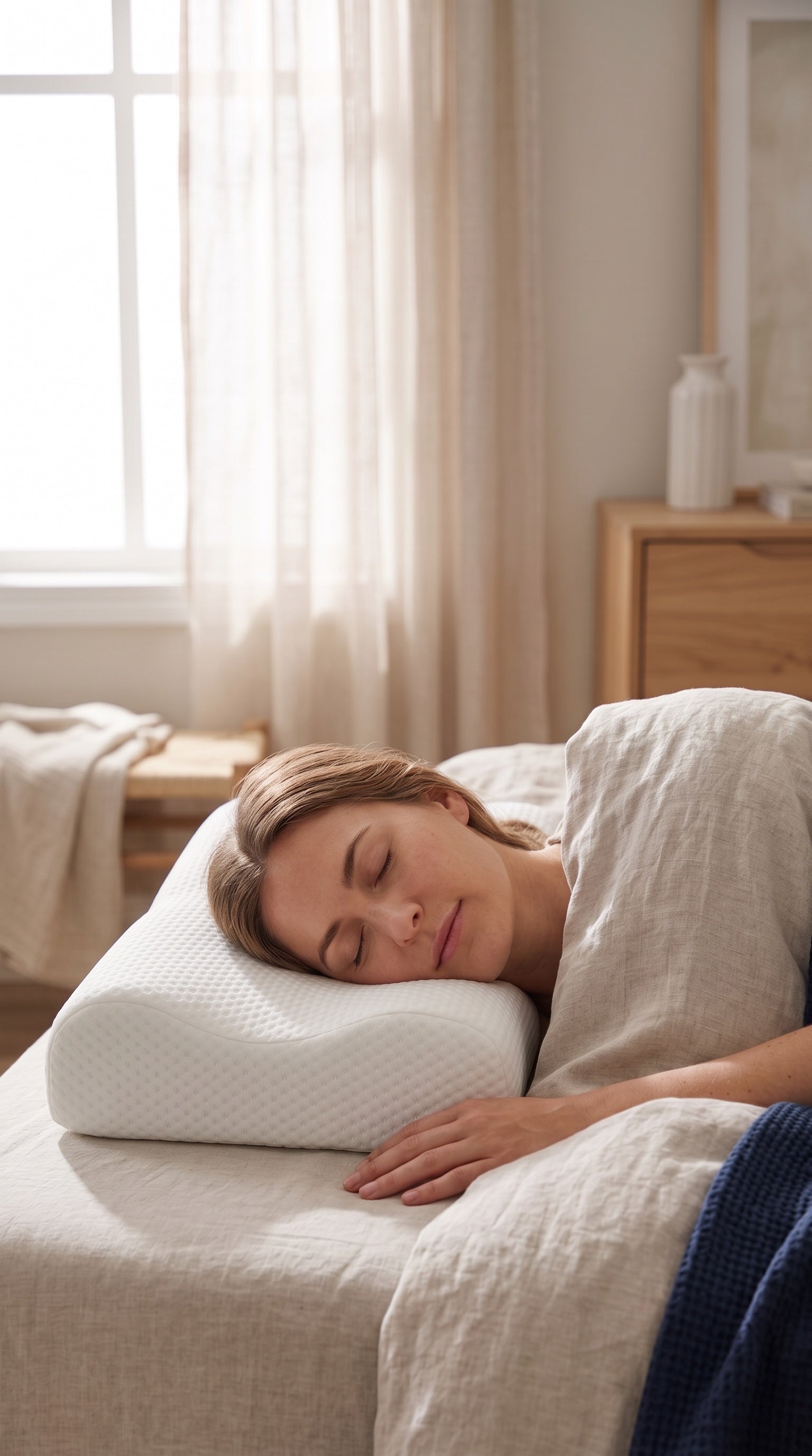 Woman sleeping on her side on the SideNest Contour Pillow