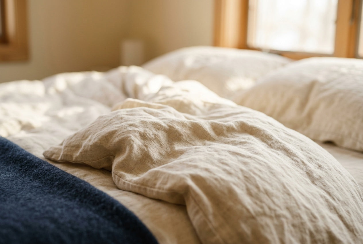 Rumpled cream linen bedding in warm morning light